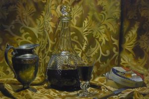 "Silver, Wine, and Cheese", oil on panel, 24x24 inches
