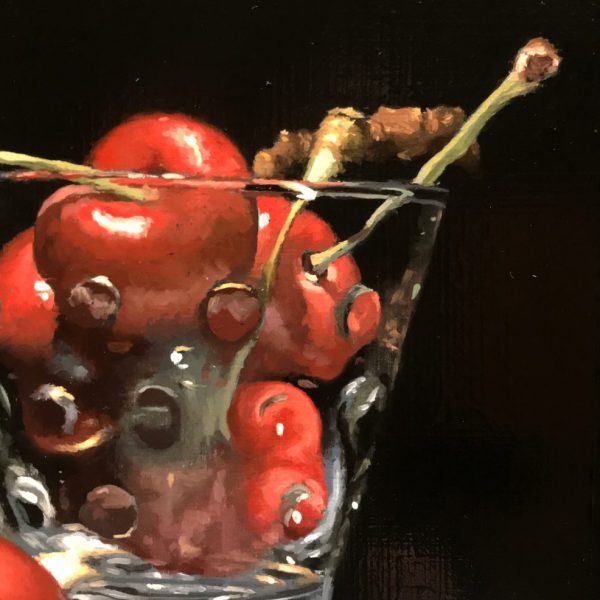 Cherries in Glass on Blue Silk