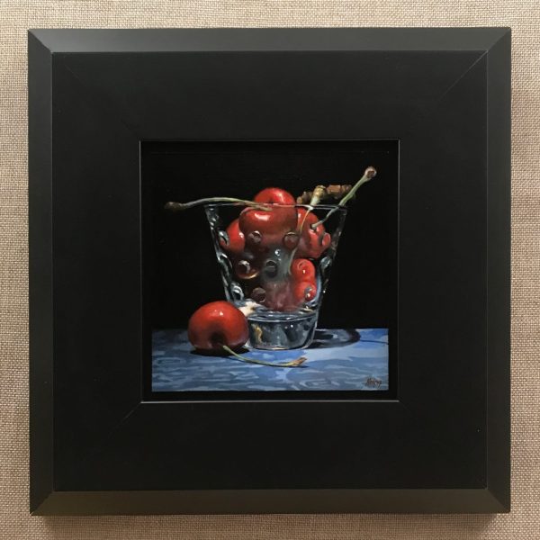 Cherries in Glass on Blue Silk