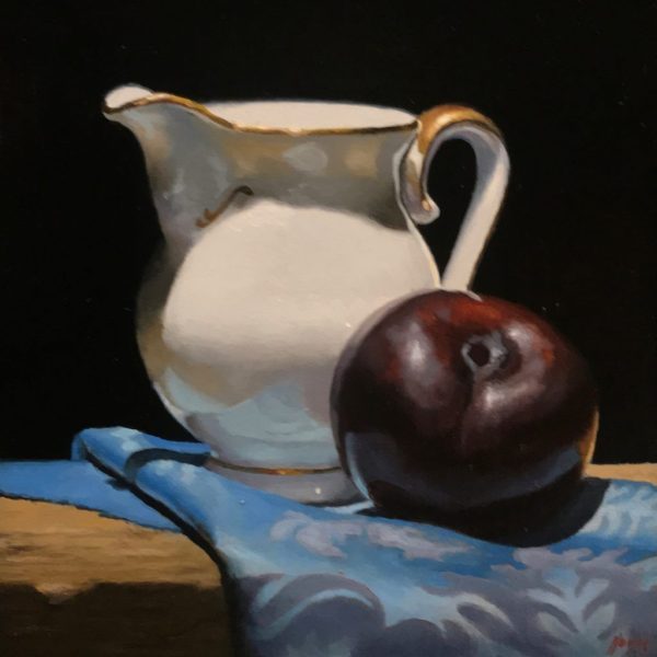 "Creamer, Plum, Blue Silk", oil on panel, 5x5 inches, 2019