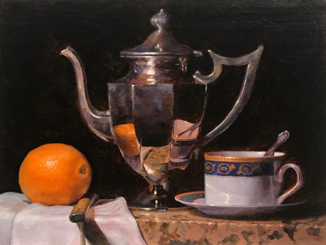 "Orange, Knife, Teapot, Teacup", oil on linen, 9x12 inches