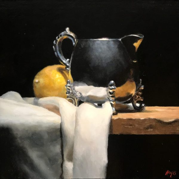 "Silver and Lemon on Cloth"<br>oil on panel, 5x5 inches