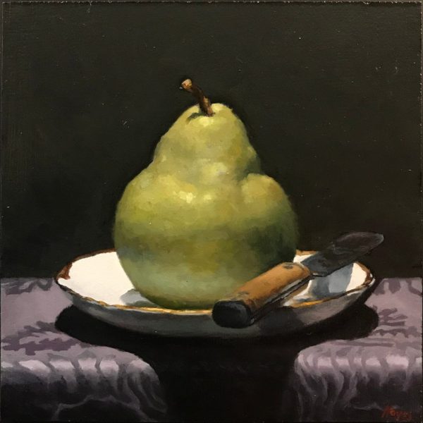 "Pear and Knife on Purple Silk"<br>oil on panel, 5x5 inches