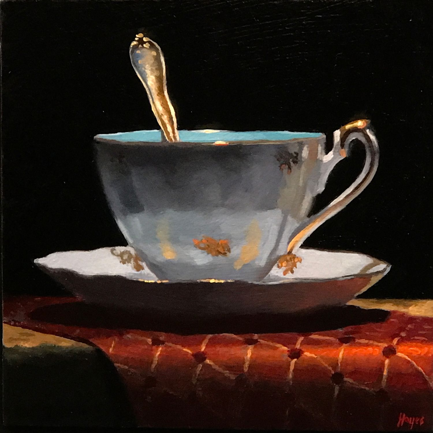 Gold-Trimmed Teacup and Red Brocade •
