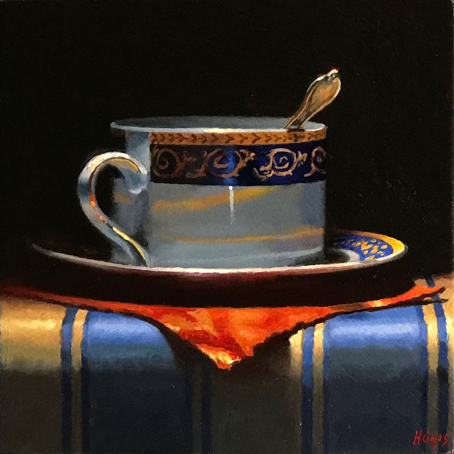 Gold Trimmed Cup, Silver Spoon, Red Napkin •