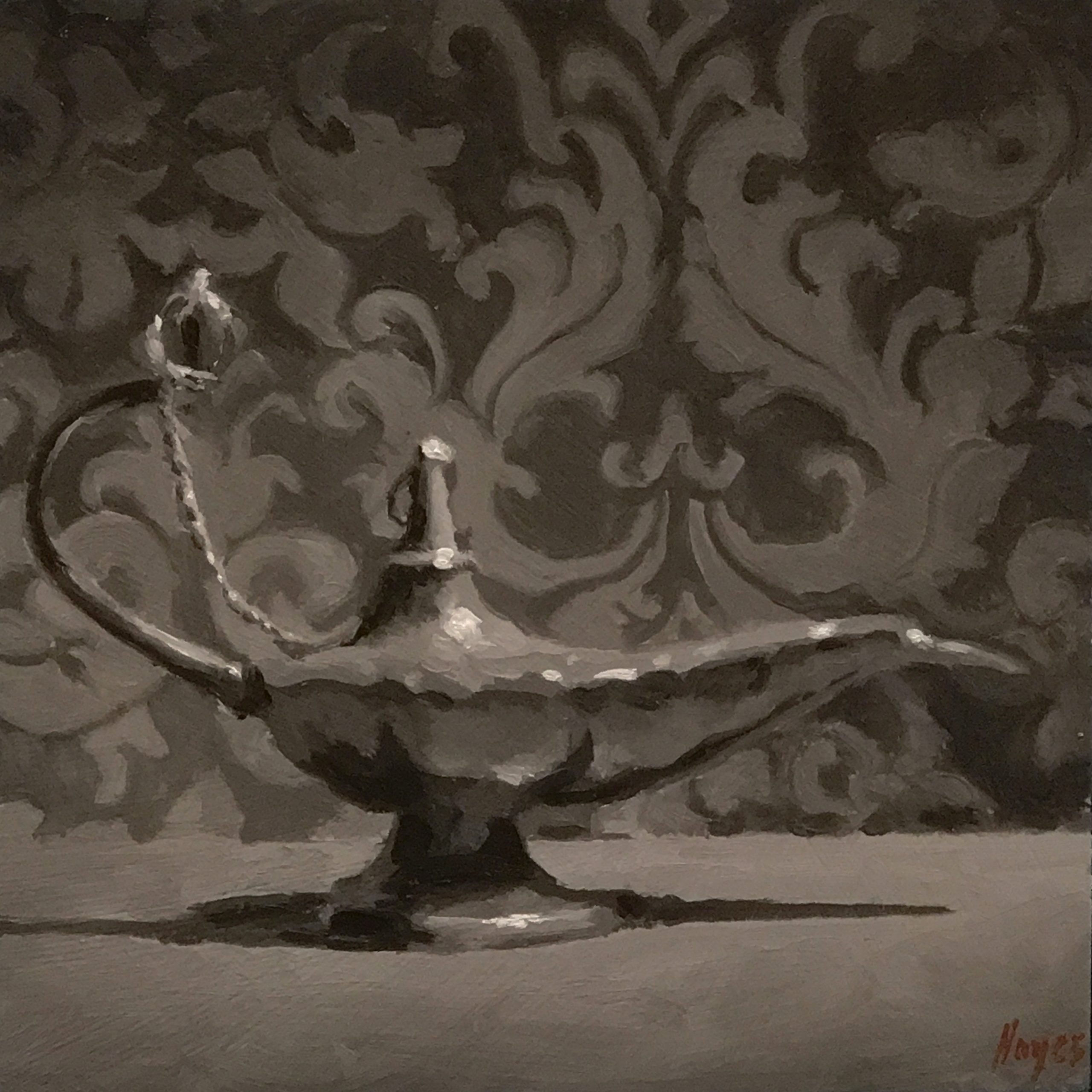 101568 "Grisaille Study: Oil Lamp" oil on panel, 5x5 inches.