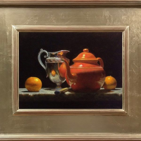 Oranges, Silver, and Red Teapot