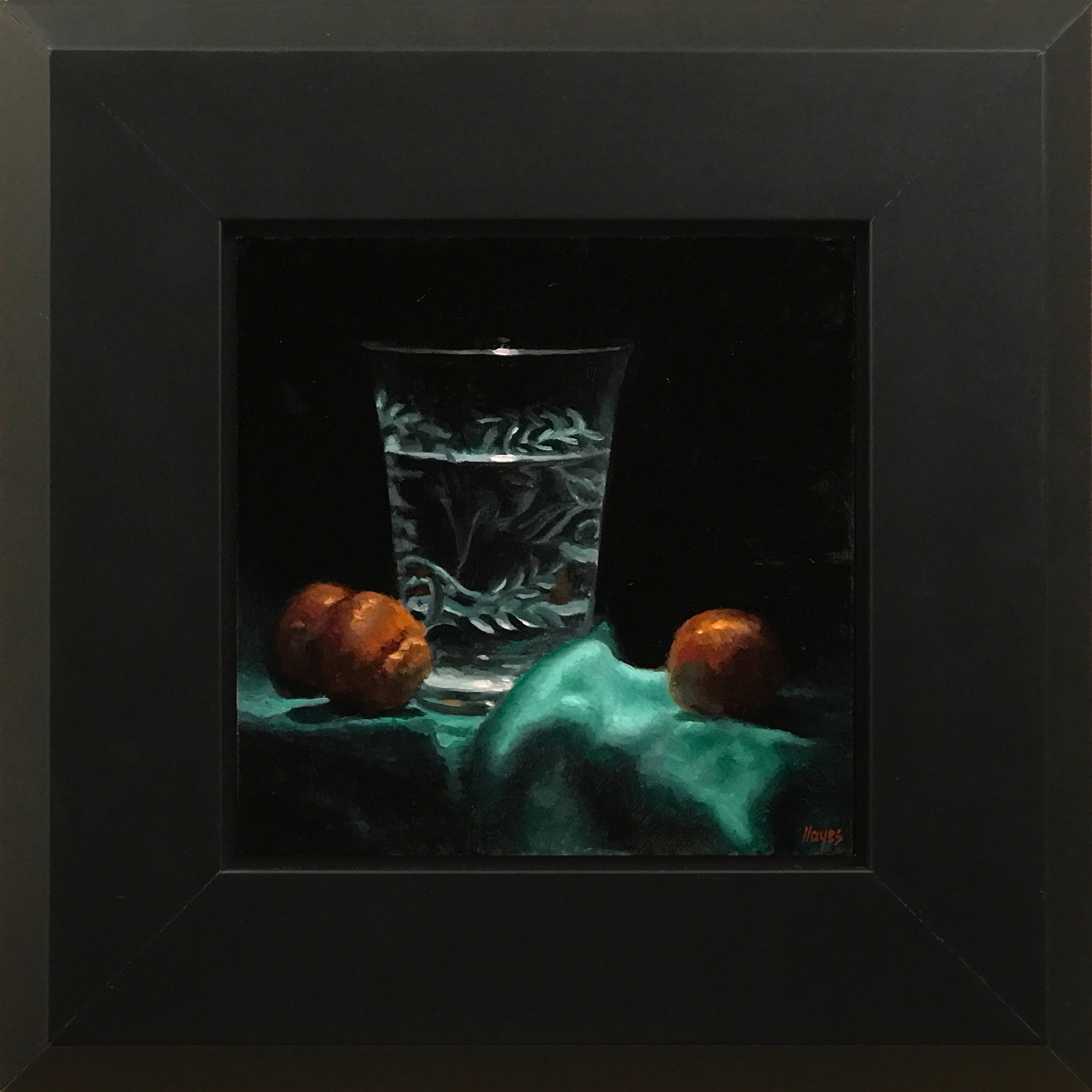 101571-framed "Etched Glass, Chestnuts, Green Velvet" oil on panel, 5x5 inches.Not for sale