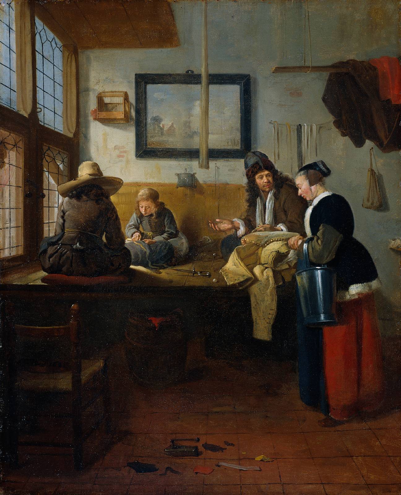 20230701c Quiringh van Brekelenkam "The Tailor's Workshop", 1661 Oil on canvas, 26x21 inches / 66x53 cm