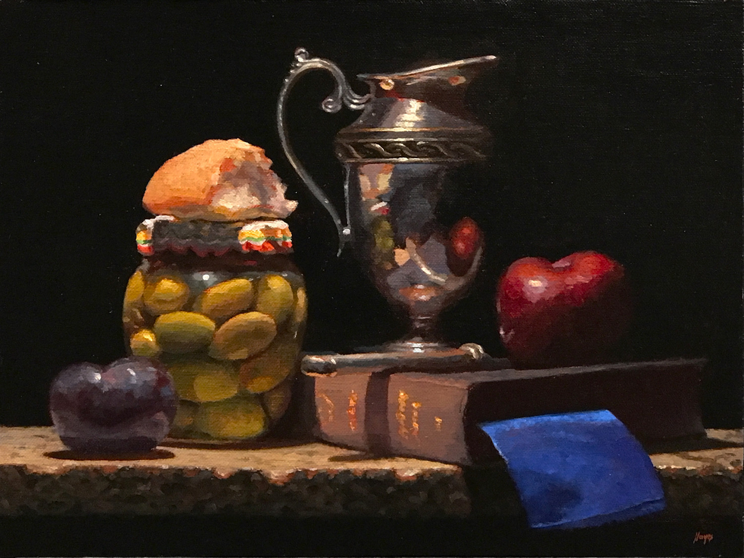 101589 "Meditations with Bread and Olives" Oil on linen on panel, 9x12 inches